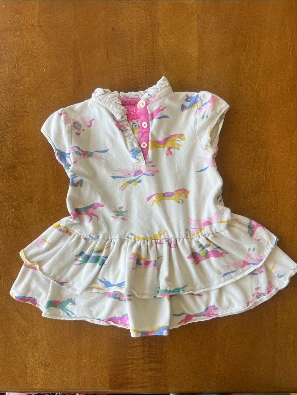 Joules size 3 White Girl's Horse Print Ruffle Dress with Pink Trim
